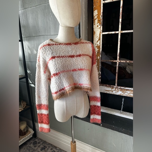 Free People Emerson Fuzzy Pullover Striped Pink and White Women's Sweater - Picture 2 of 5